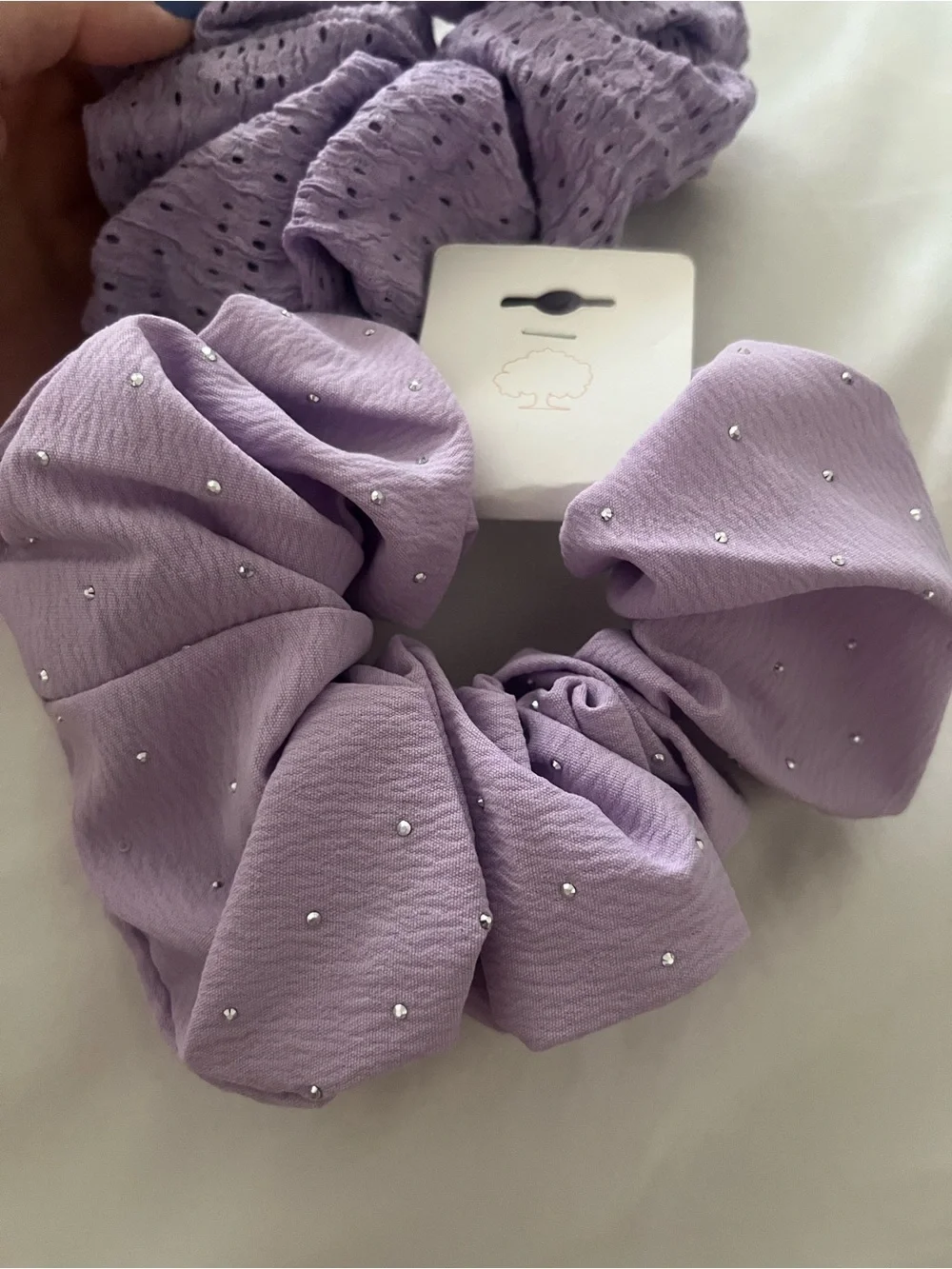 Lilac Women's Hair Scrunchie Duo with Textured and Embellished Styles